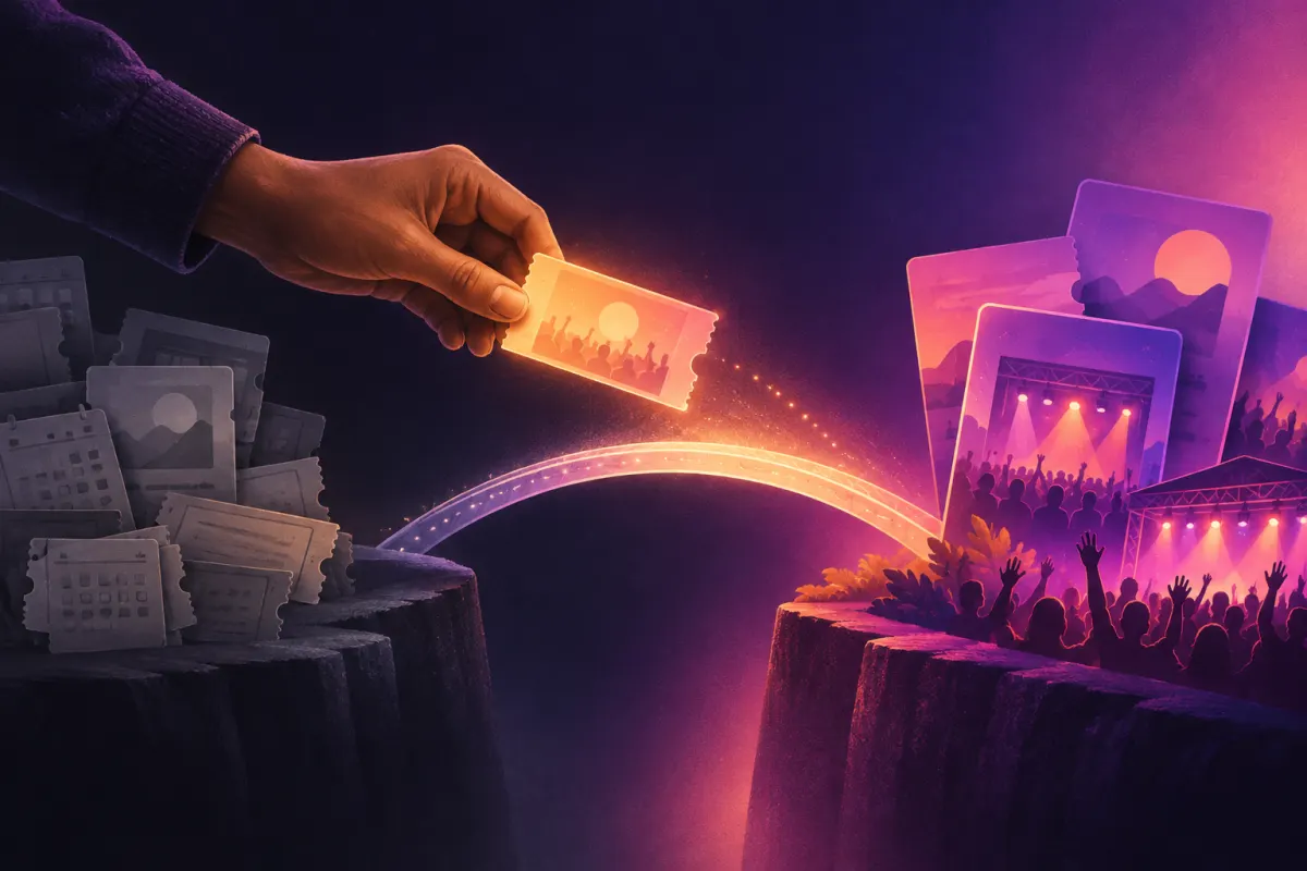 Ilustração de uma mão levando um ingresso por uma ponte de luz até um palco cheio de gente