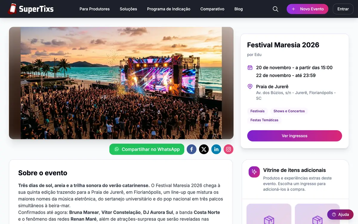Página de um evento na SuperTixs com foto do palco, datas, local e botão Ver ingressos